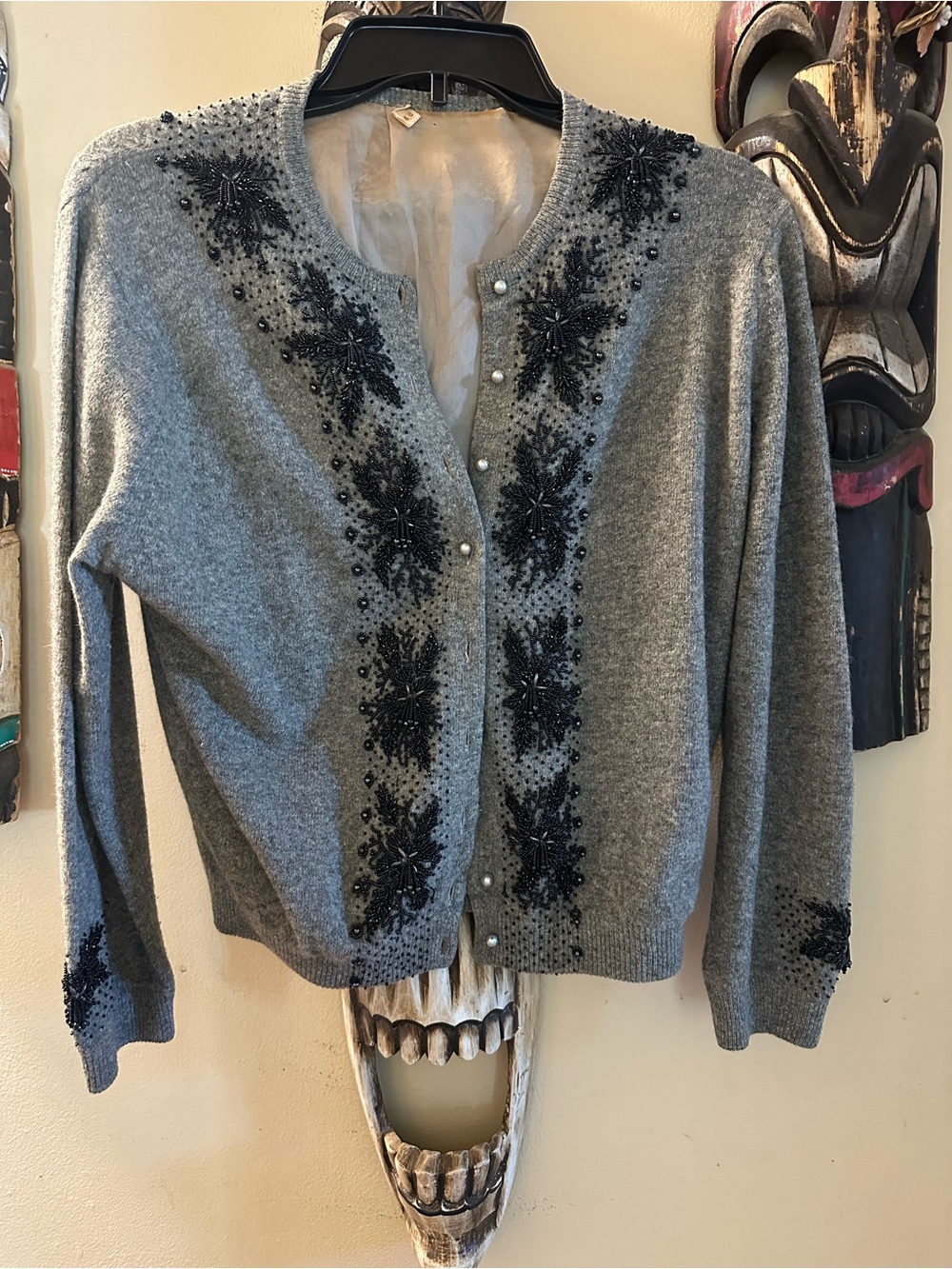 Gray Beaded Crewneck Cardigan Sweater - Women's